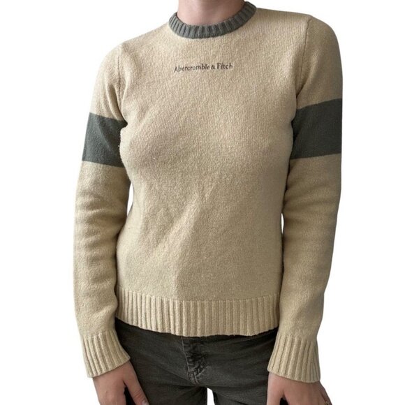 Vintage Womens Abercrombie & Fitch 100% Wool Yellow Varsity Preppy Sweater Sz M - Picture 2 of 8